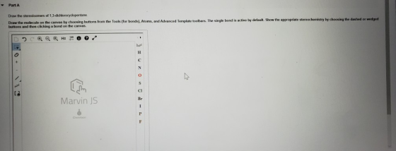 Part A Draw the stereoisomers of 1,3-dichlorocyclopentane Draw the molecule on the canvas by choosing buttons from the Tools