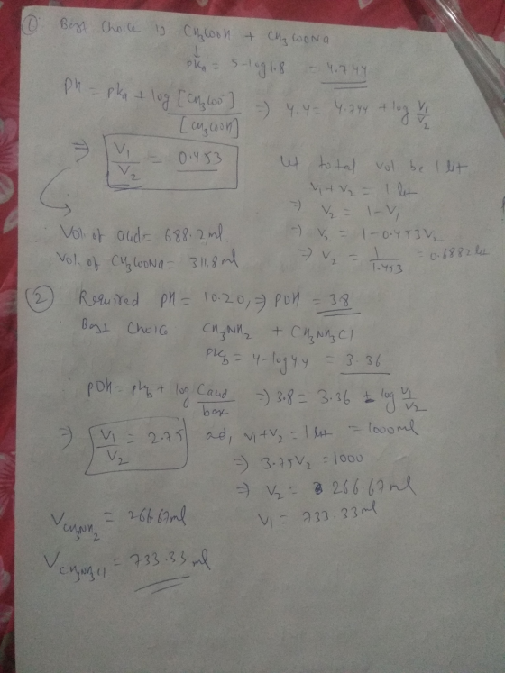 Best Choice 10 Chool & CM₂ woNa pk = S-log108 - 4.744 Ph-pka + log [chlost] - 4. 4 = 4.244 +log [cycoon = 0.483 let total vol
