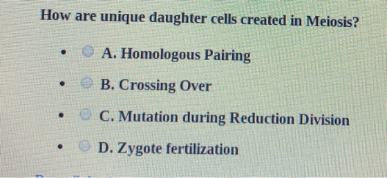 How are unique daughter cells created in Meiosis? • O A. Homologous Pairing • B. Crossing Over . C. Mutation during Reduction