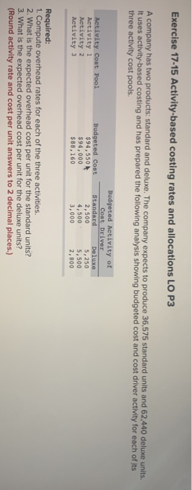 Exercise 17-15 Activity-based costing rates and allocations LO P3 A company has two products: standard and deluxe. The compan