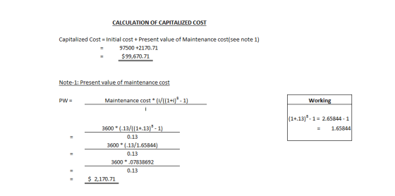 CALCULATION OF CAPITALIZED COST Capitalized Cost = Initial cost + Present value of Maintenance cost(see note 1) 97500 +2170.7