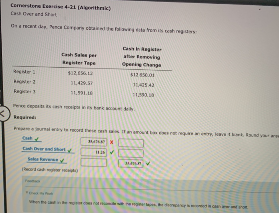 Cornerstone Exercise 4-21 (Algorithmic) Cash Over and Short On a recent day, Pence Company obtained the following data from i