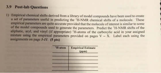 3.9 Post-lab Questions Empirical chemical shifts derived from a library of model compounds have been used to create a set of