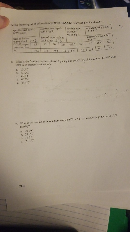 Use the following set of information for freon-11, CCF to answer questions 8 and 9. specific heat solid: 0.732 Jig K specific