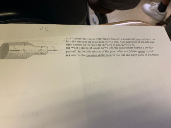 V2 4.(17 points) In figure, water flows through a horizontal pipe and then out into the atmosphere at a speed vi=15 m/s. The