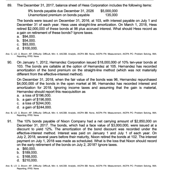 89. The December 31, 2017, balance sheet of Hess Corporation includes the following items: 9% bonds payable due December 31,