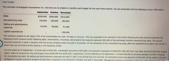 Cash Budget The controller of Bridgeport Housewares Inc. instructs you to prepare a monthly cash budget for the next three mo