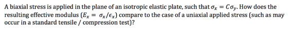 A biaxial stress is applied in the plane of an isotropic elastic plate, such that Ox-Coy. How does the resulting effective modulus (Ex - ox/Ex) compare to the case of a uniaxial applied stress (such as may occur in a standard tensile / compression test)?