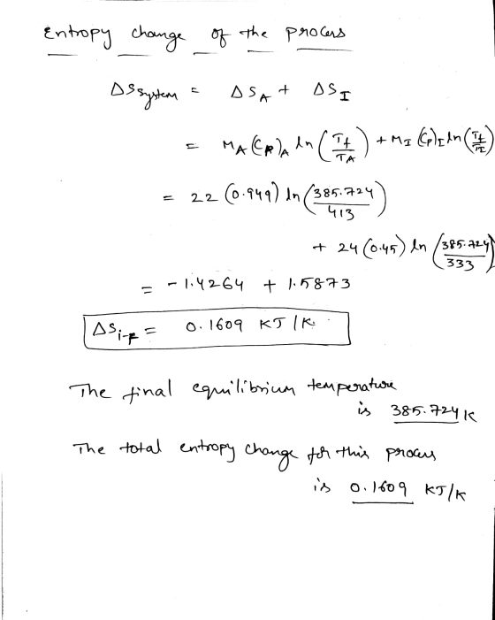 Entropy change of the process De system AS, of ASI MACERA In (It +MI (C) 2 dn (11 TA 22 (0-949) in (586,724) 413 + 24(045) en
