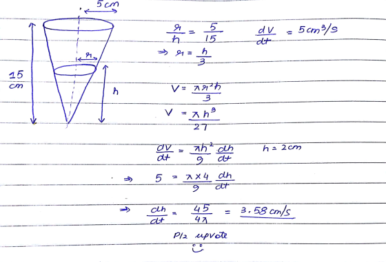 5cm & h dv 5 cm 3/s 5 15 h 3 Ken 15 ст h V = arh 3 V th 27 h : 2cm av at ah ah 9 5 - 7X 4 ahl 9 at > ch at 45 47 3.58 cm/s Pl