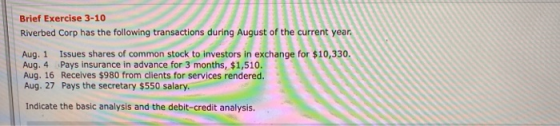 Brief Exercise 3-10 Riverbed Corp has the following transactions during August of the current year. Aug. 1 Issues shares of c
