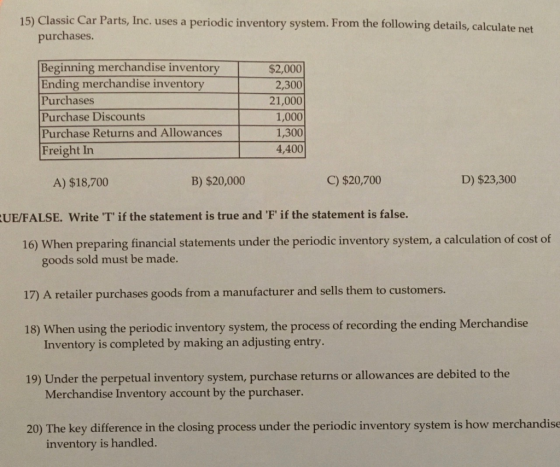15) Classic Car Parts, Inc. uses a periodic inventory system. From the following details, calculate net purchases. Beginning