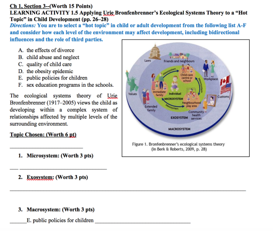 Ch 1, Section 3--(Worth 15 Points) LEARNING ACTIVITY 1.5 Applying Urie Bronfenbrenners Ecological Systems Theory to a “Hot T
