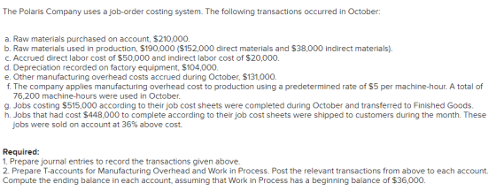 The Polaris Company uses a job-order costing system. The following transactions occurred in October: a. Raw materials purchas