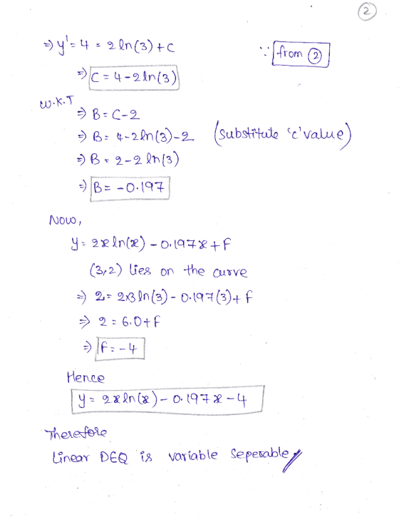 (from @ . W.K.T » 1 - - 9 Qn(3)+c >>C= 4-2 ln(3) =) B=(-2 > B: 4-286(3)-2 =) B=2-2 ln (3) -) B= -0.197 (substitute evalue)