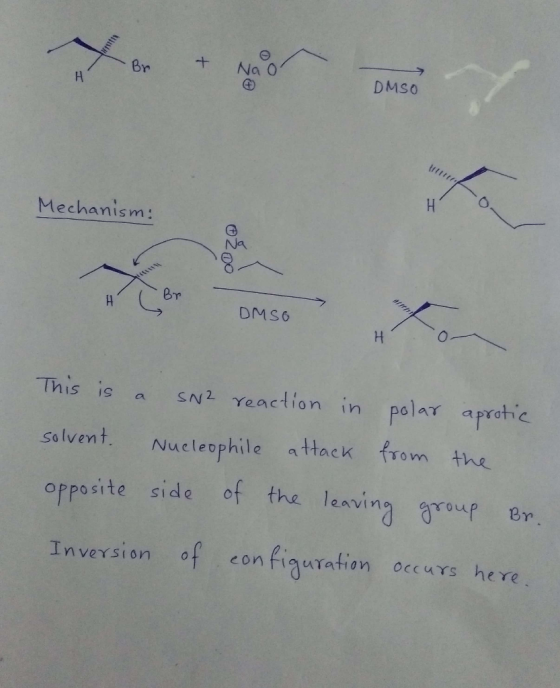 Br or + + Mao DMSO DMSO Mechanism: ožno A Br Вт DMSO This is a solvent. opposite SN2 reaction in polar aprotic Nucleophile at