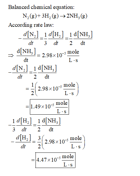 Balanced chemical equation: N2(g)+ 3H2(g) + 2NH,(g) According rate law: d[N]_id[H]_1d[NH] dt 3 dt 2 dt d[NH) – 298x10-mole Lo