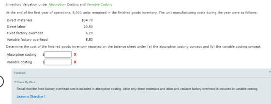Inventory Valuation under Absorption Costing and Variable Costing At the end of the first year of operations, 5,900 units rem
