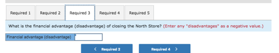 Required 1 Required 2 Required 3 Required 4 Required 5 What is the financial advantage (disadvantage) of closing the North St