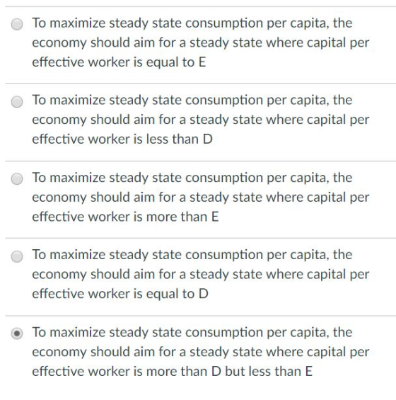 O To maximize steady state consumption per capita, the economy should aim for a steady state where capital per effective worker is equal to E O To maximize steady state consumption per capita, the economy should aim for a steady state where capital per effective worker is less than D O To maximize steady state consumption per capita, the economy should aim for a steady state where capital per effective worker is more than E To maximize steady state consumption per capita, the economy should aim for a steady state where capital per effective worker is equal to D To maximize steady state consumption per capita, the economy should aim for a steady state where capital per effective worker is more than D but less than E