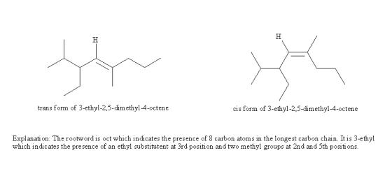 trans form of 3-ethyl-2,5-dimethyl -4-octene cis form of 3-ethyl-2,5-dimethyl-4-octene Explanati on: The rootword is oct which indicates the presence of 8 carbon atoms in the longest carbon chain. It is 3-ethyl which indic ates the presence of an ethyl substitutent at 3rd position and two methyl groups at 2nd and 5th positions