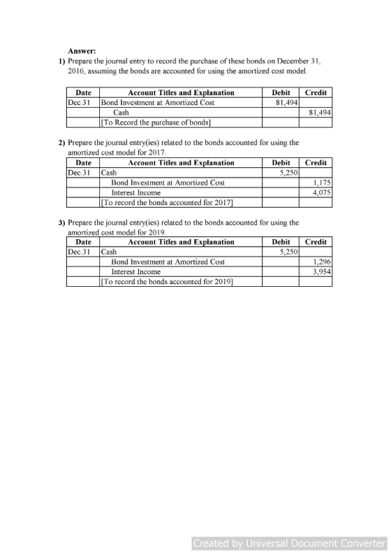 Answer: 1) Prepare the journal entry to record the purchase of these bonds on December 31 2016, assuming the bonds are accounted for using the amortized cost model Datc Dec.3 Bond Investment at Amortized Cost Account Titles and Explanation Debit Credit 81,494 as 81.494 To Record the purchase of bonds 2) Prepare the journal entry(ies) related to the bonds accounted for using the amortized cost model for 2017 DebitCredit Date Dec.3 Cash Account Titles and Explanation 5,250 Bond Investment at Amortized Cost Interest Income 1,175 4.075 To record the bonds accounted for 2017 3) Prepare the journal entry(ies) related to the bonds accounted for using the amortized cost model for 2019 Date Account Titles and Explanation Debit Credit Dec.31 Cash 5,250 Bond Investment at Amortized Cost 1,296 3.954 Interest Income To record the bonds accounted for 2019 Created by Universal Document Converter
