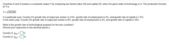 Countries X and Z produce a composite output Y by employing two factors labor (N) and capital (K), when the given state of te
