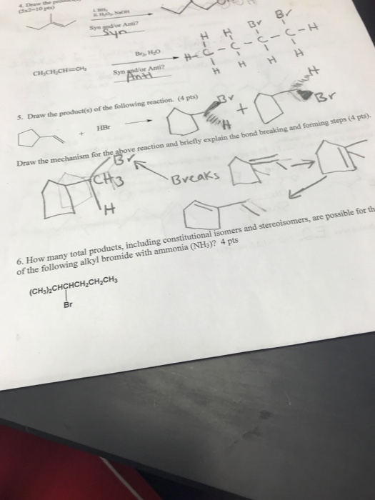 syn o-j-I BHO -H HH CH,CH.CH=CH Syn Arbor Anti? Br 5. Draw the product(s) of the following reaction. (4 pts) В, Draw the mech