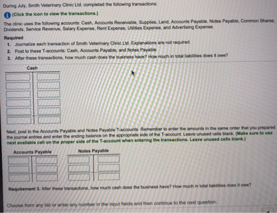 During July, Smith Veterinary Clinic Ltd. completed the following transactions: (Click the icon to view the transactions.) Th