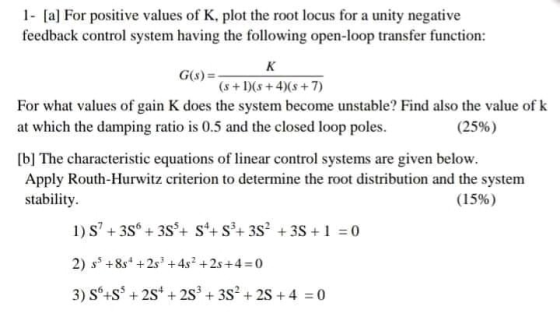 1- [a] For positive values of K, plot the root locus for a unity negative feedback control system having the following open-l