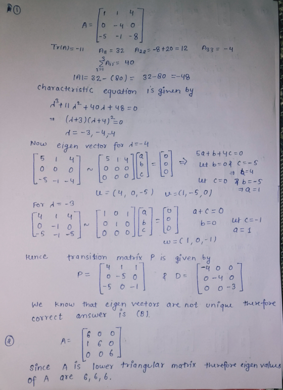Ti 147 A=10 -4 o s -1-8] TO(A)=-11 A = 32 128= -8 +20=12 A33= -4 Air= 40 1A1= 32- (80) = 32-80 =-48 characteristic equation i