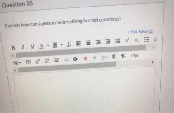 Question 35 Explain how can a person be breathing but not conscious? HTML Editor BI V A -A- IE 11 x X : OVDs 12pt