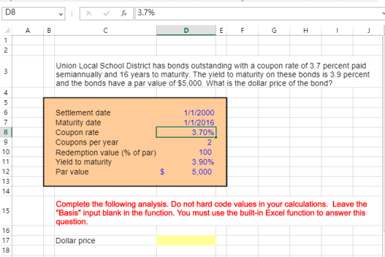 D8 X fox 3.7% AB E F G H Union Local School District has bonds outstanding with a coupon rate of 3.7 percent paid semiannuall