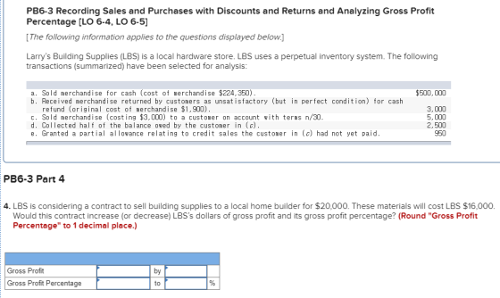 PB6-3 Recording Sales and Purchases with Discounts and Returns and Analyzing Gross Profit Percentage [LO 6-4, LO 6-5] [The fo