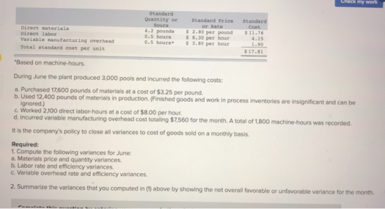 Check my work Direct materials Direct labor Variable manufacturing overhead Total standard cost per unit Standard Quantity or