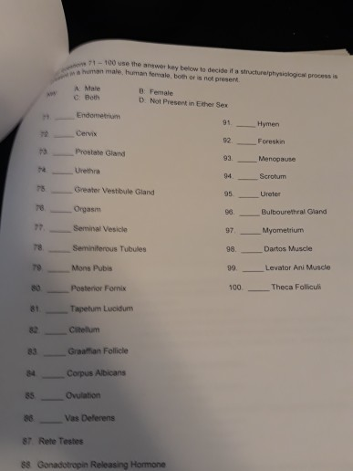 -100 use the w ey below to decide la structure physiological process is human male human female both or not present A Male Fe