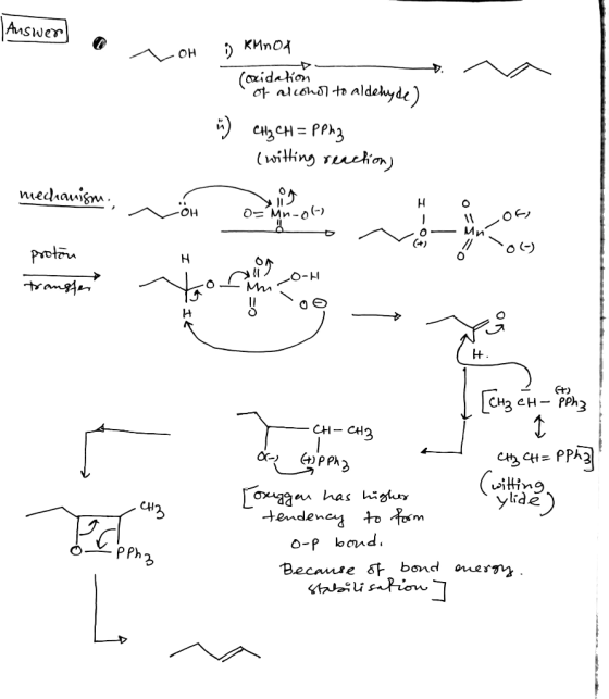 Answer е л он 5 КИnox (oxidation of alcohor to aldehyde) CH2CH= Ppng (witting reaction) mechanism dig O=Mn-O() to-I - O proto