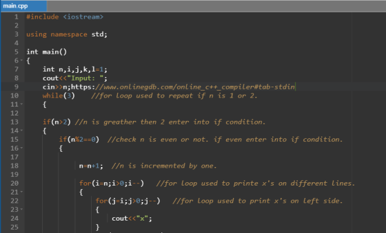 main.cpp 1 #include <iostream> 2 3 using namespace std; 4 5 int main() 6 { int n,i,j,k,1=1; cout<<Input: ; cin>>n;https://w