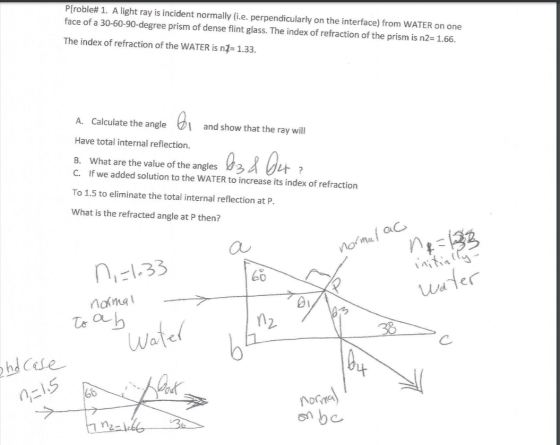 P[roble# 1. A light ray is incident normally (.e. perpendicularly on the interface) from WATER on one face of a 30-60-90-degr