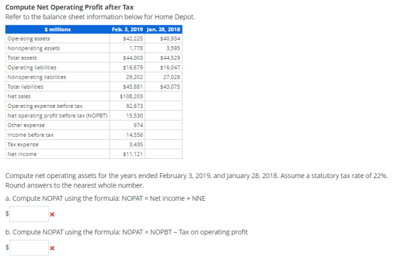 Compute Net Operating Profit after Tax Refer to the balance sheet information below for Home Depot. $ millions Feb. 3, 2019 J