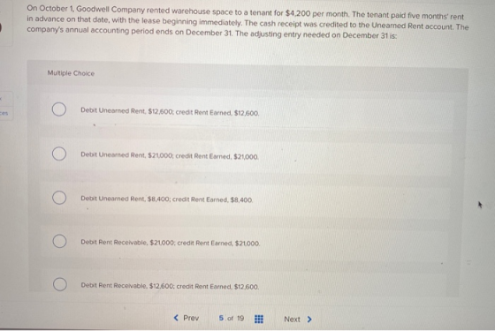 On October 1, Goodwell Company rented warehouse space to a tenant for $4,200 per month. The tenant paid five months rent in