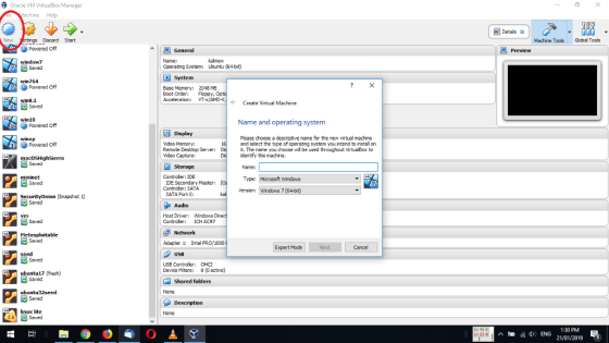 Oracle VM VirtualBox Manager achine Help 目] Details郭 New ttings Discard Start Machine Toos Global Tools Powered off window7 Operating System: Ubuntu (64-bit) win764 Powered off Base Mamory: 2048 ME Boot Order: Floppy Acceleration: VT-xAMD-V win8.1 Create Virtual Machine win10 Name and operating system Powered off Display Mdeo Memory: Remote Desktop Server: Mdeo Capture: Please choose a descriptve name for the new virtual machine and select the type of operating system you intend to install orn it. The name you choose wil be used throughout Virtua Box to identfy this machine. Powered off Controler: IDE Type: Mcrosoft Windows IDE Secondary Master: Controler: SATA Version: Windaws 7 (64-bit) SATA Port 0: Host Driver: Windows Controler ICH AC97 Adapter 1: Intel PRO/1000 Expert Made A Seed USB Controller: OHCI Device Fiters: 0 (O active) ubuntu17 (fresh) Shared folders linux lite 2.6 1:30 PM 21/01/2019 3