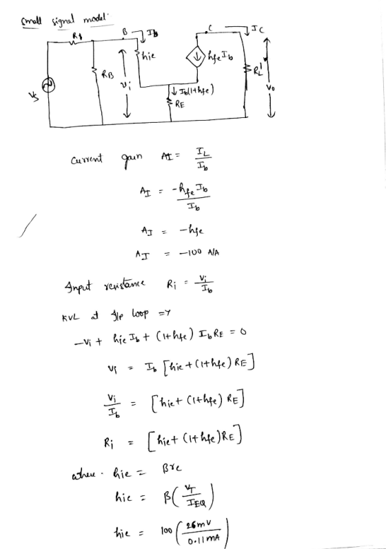 - small signal model Shie RA I l Iolithfe) &RE current gain AI I AI = -hfe to AI = -hee AJ - -100 AA at Alp loop sy Anput res