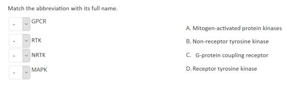 Match the abbreviation with its full name. GPCR A. Mitogen-activated protein kinases RTK B. Non-receptor tyrosine kinase v NR