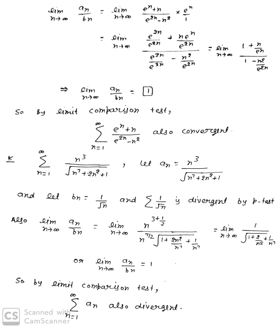 lim no eanna ne cum neo -- : lim 1 +ņ nto - So By limit comparison test, eth also convergent. -ne n=1 E or Zer also conversio