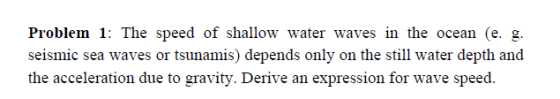 Image for Problem 1: The speed of shallow water waves in the ocean (e. g. seismic sea waves or tsunamis) depends only on