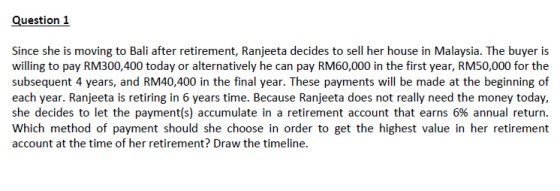 Question 1 Since she is moving to Bali after retirement, Ranjeeta decides to sell her house in Malaysia. The buyer is willing