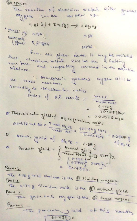 Question The reaction of aluminium metal with Beygen can be written as gaseas mass: (8 molar mass: 0.156 that ething in the i