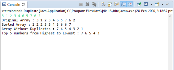 ** E * ? @- pre @ Console X <terminated> Duplicate [Java Application] C:\Program FilesVava\jdk-13\bin\javaw.exe (20-Feb-2020,