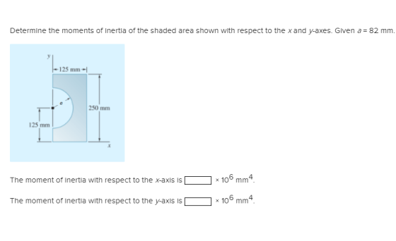Determine the moments of Inertia of the shaded area shown with respect to the x and y-axes. Given a = 82 mm. 125 mm - 250 mm